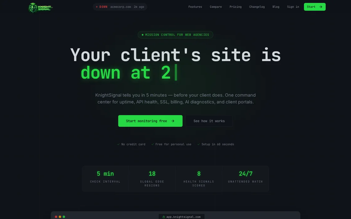 KnightSignal website monitoring homepage preview